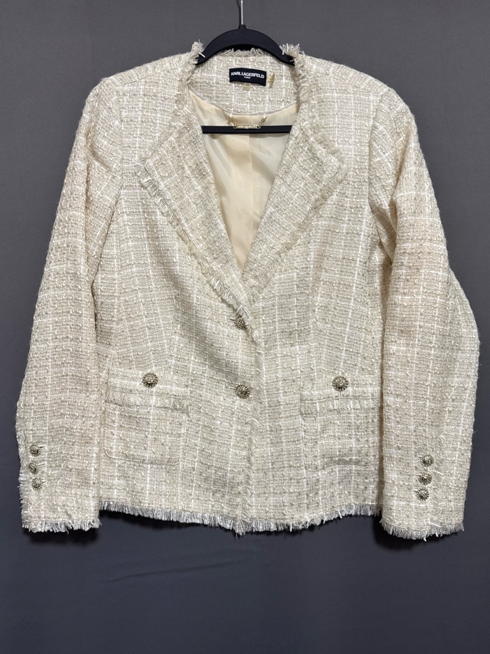 Karl Lagerfeld Paris Tweed Blazer Jacket Cream Fringe Women's Size 12